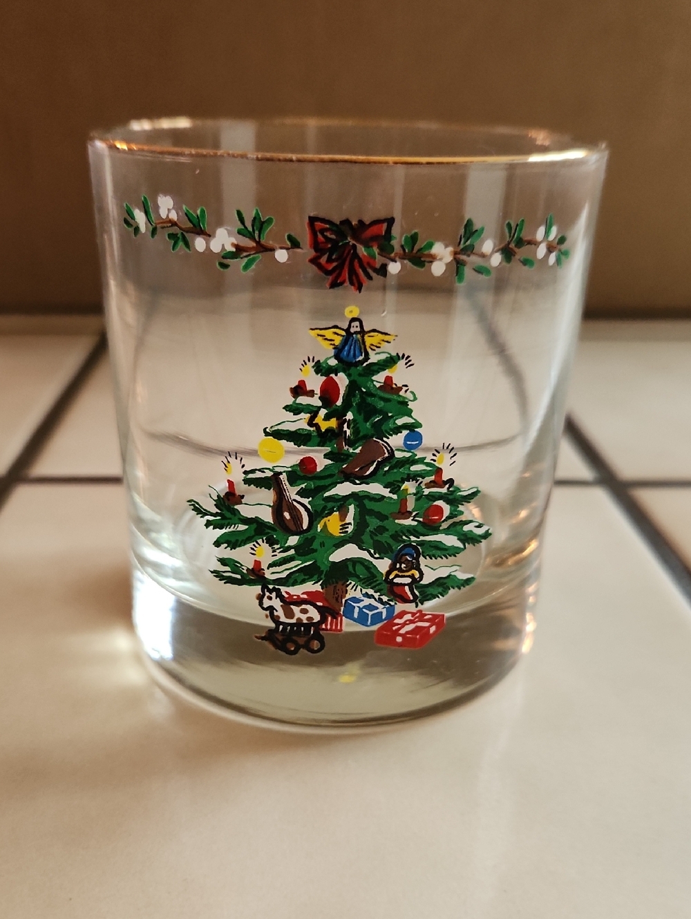 Vintage Christmas High Ball Glass -  Set Of 4 Green & Red Holiday Design